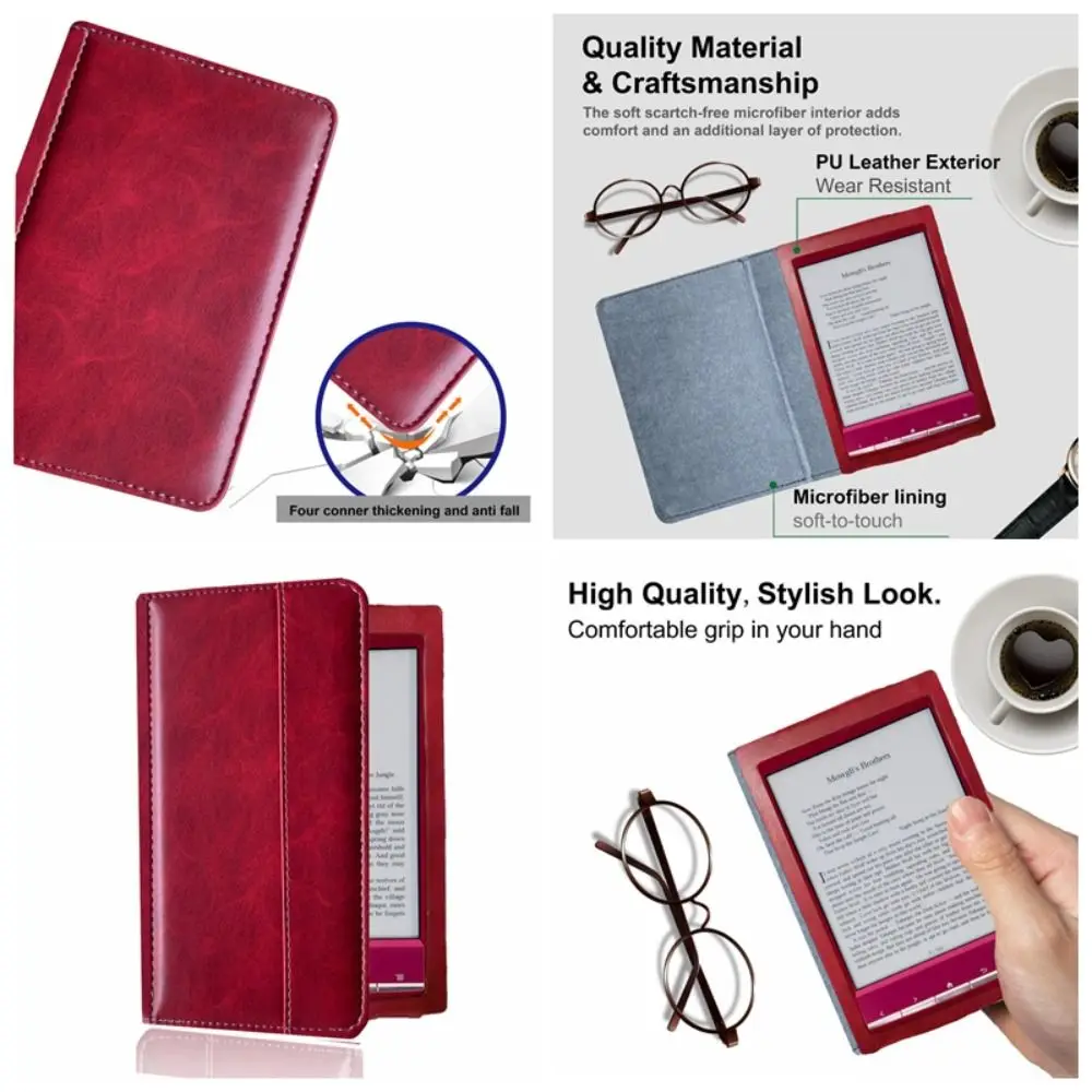 Premium Anti-Fall 6-Inch E-Reader Leather Case with Shockproof Back Cover and Soft Microfiber Lining