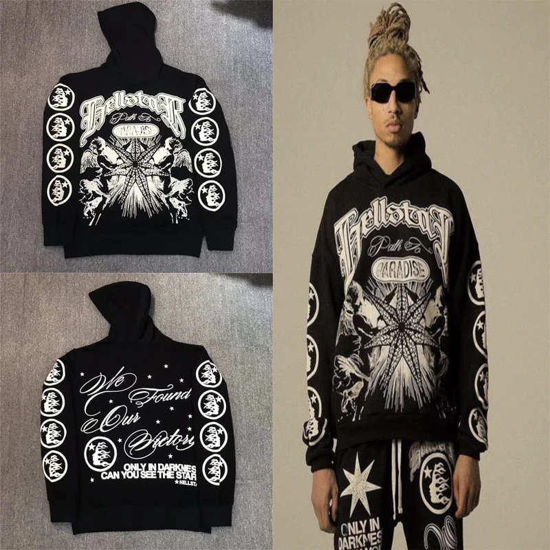 

High Street Hellstar Hoodie Sweatshirt Classic Flame Letter Logo Print HELL STAR Pullover Black Hooded Sweatshirts Couple Hoody