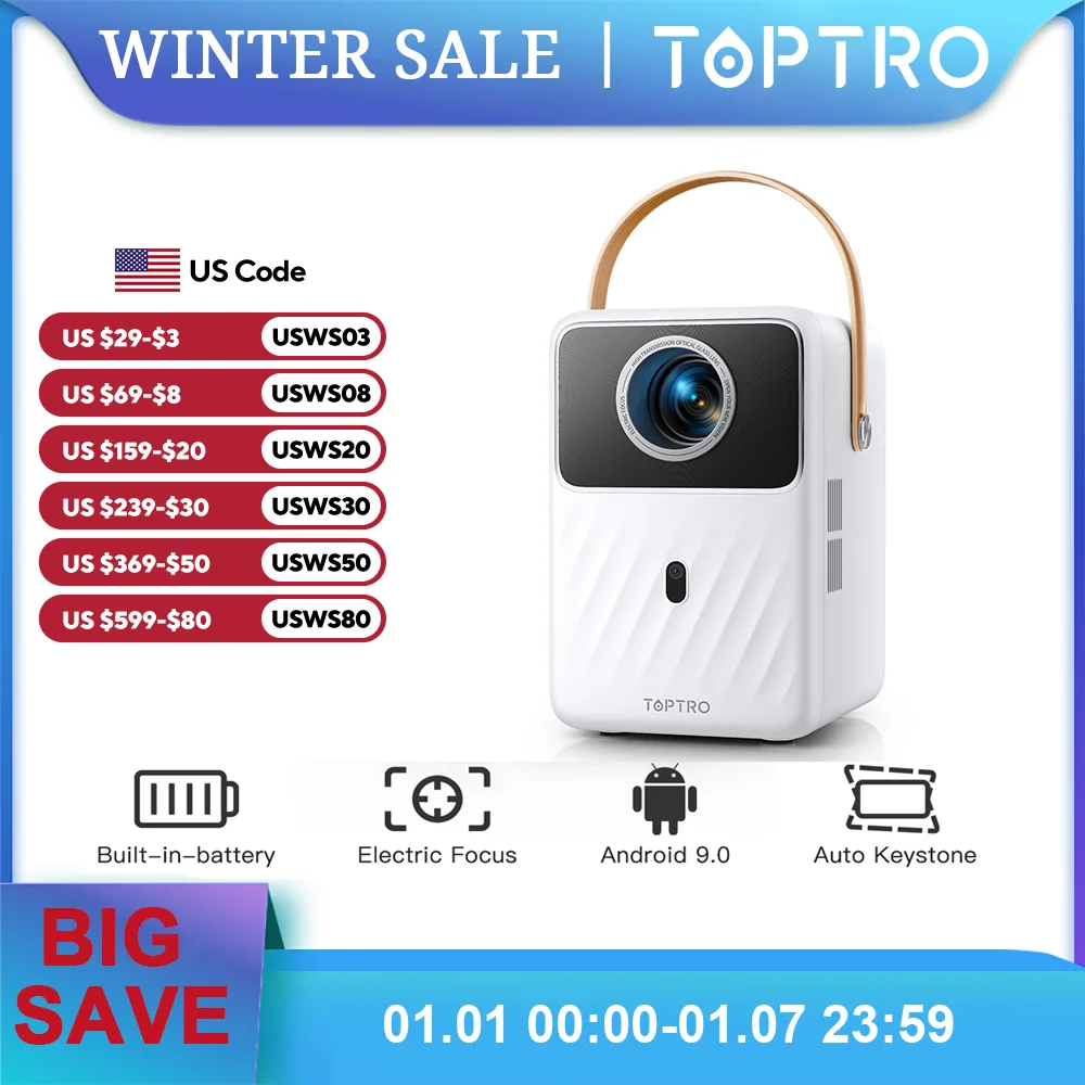 Portable Projector TOPTRO Portable Projector Full HD 1080P Support 400ANSI Android 9.0 Projector Auto Keystone & Electric Focus Built-in Battery