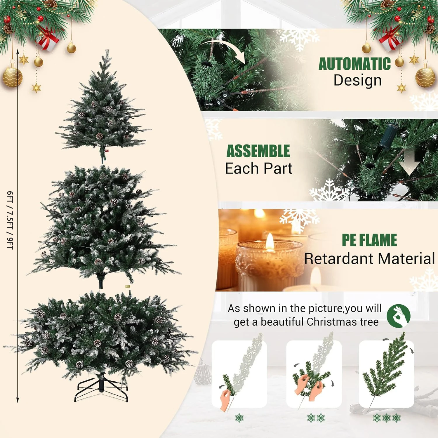 6/7.5/9FT Pre-Lit Snow Flocked Artificial Christmas Tree with 8 LED Modes & Pine Cones – Slim Design for Home Decor