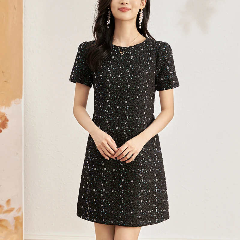 

Elegant Party Dresses For Women 2024 Summer Fashion Short Sleeve Black White Dress A-line Women's Jacquard Mini Dress Slim
