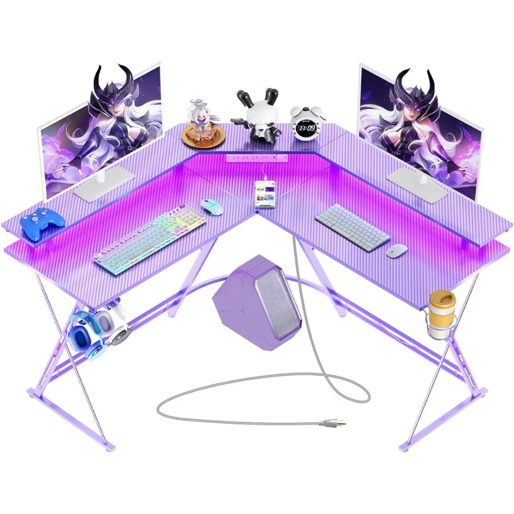 Computer Desks 50.4” with LED Light & Power Outlets, L-Shaped Gaming Desk Carbon Fiber Surface withs Monitor Stand, Purple умная светодиодная панель yeelight led monitor light bar ylodj 0027 5 вт 300 лм