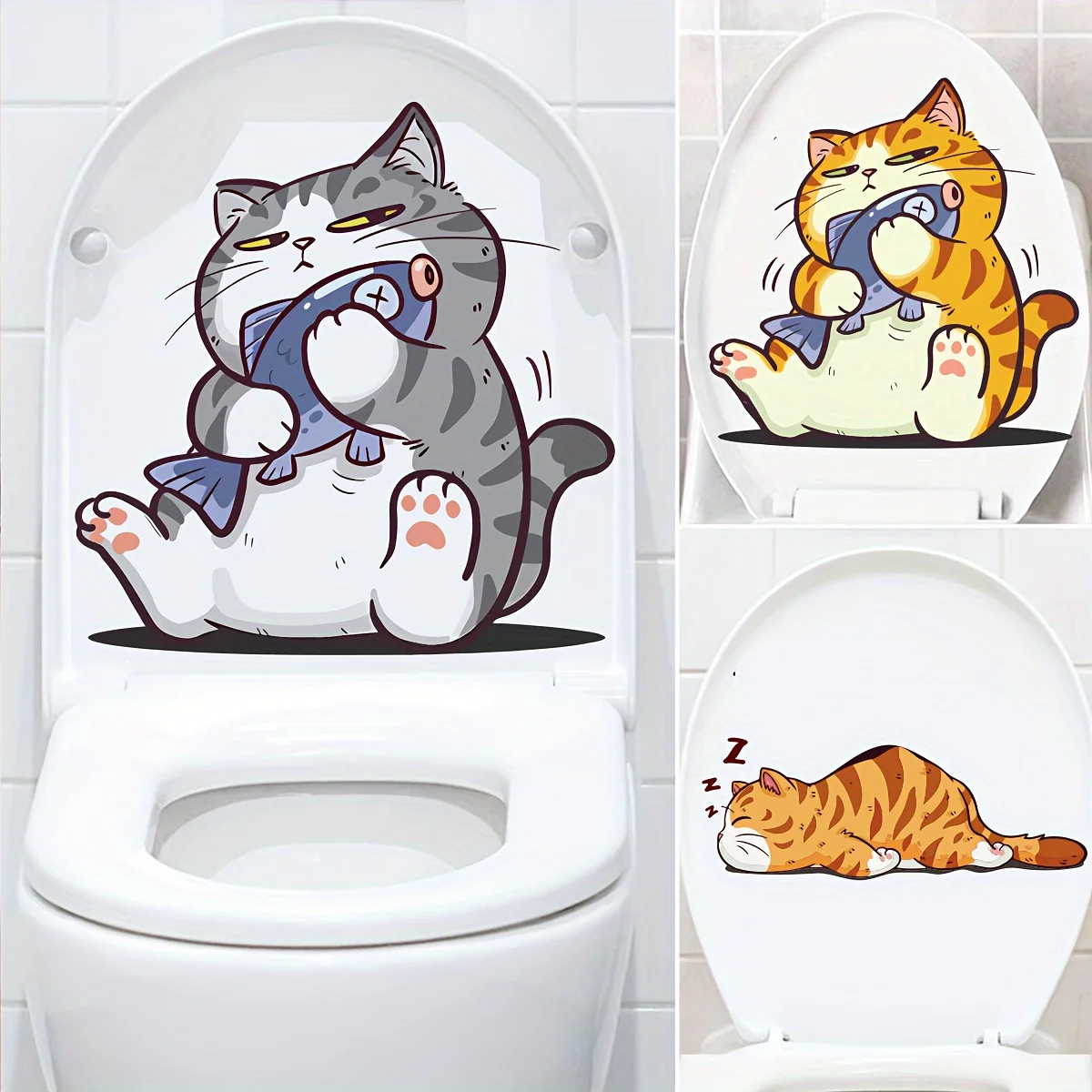 Kitten Wall Stickers Cat Touching Fish Bathroom Toilet Living Room Cabinet Decal