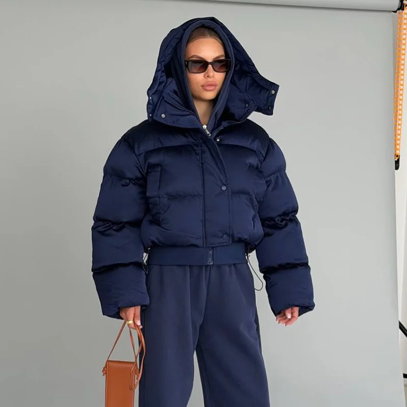 Women's Cropped Puffy Jacket Detachable Hood Drawstring Waist Drop Shoulder Long Sleeve Loose Padded Winter Down Jackets