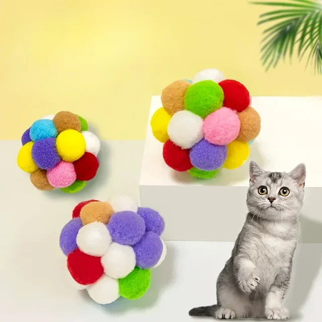 Colourful Cat Toy Plush Ball Interactive Pet Elastic Bell Self Hi Ball Playing Kitten Seven Colors Woolen Ball Cat Accessories 2