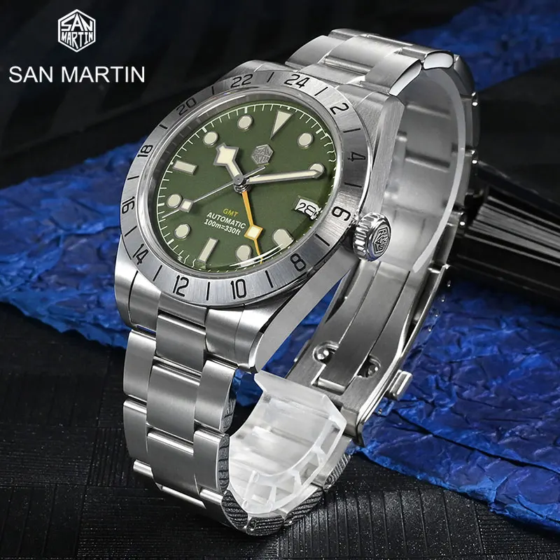 

San Martin Mens Automatic Mechanical Watches Sapphire Crystal Date BGW9 Luminous GMT Diver Watch NH34 Movement 10Bar Waterproof