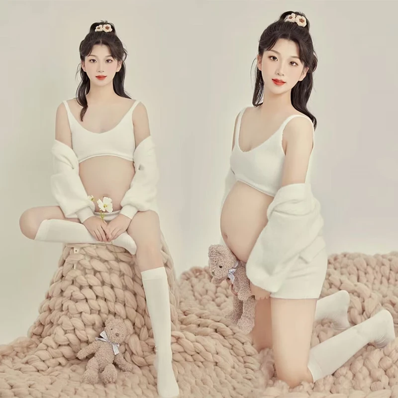 Women Photography Props Maternity Dresses Pregnancy Knit White Camisole Shorts Cardigan Socks 4pcs Set Studio Photoshoot Clothes