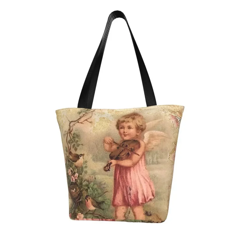 

Custom Victorian Angel Vintage Rose Canvas Shopping Bag Women Washable Grocery Tote Shopper Bags