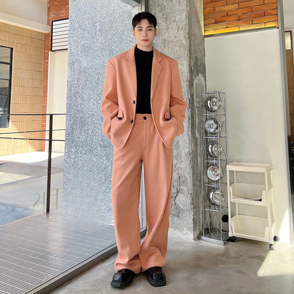 SILIWEYA Men's Suits Woolen Single Breasted Lapel Blazers Straight Wide Leg Casual Pants Trend Autumn Winter Two Pieces Set 2