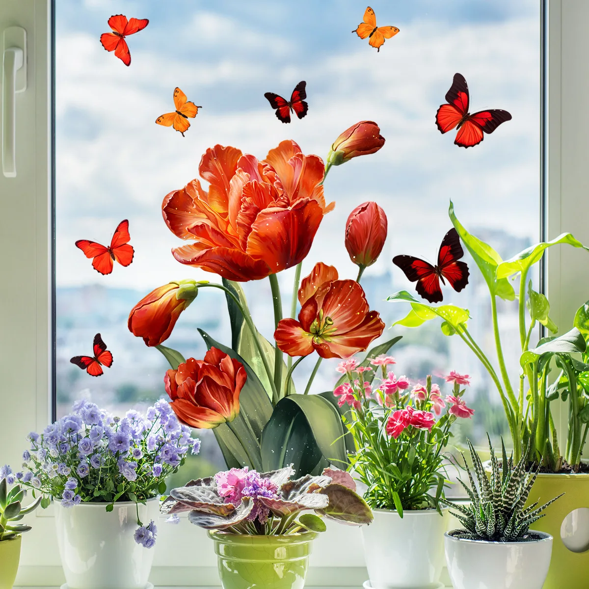 Window Stickers Fresh Floral Orange Tulip Colourful Butterfly Window Cling Static Sticker For Home Office School Shop Window Glass Decor