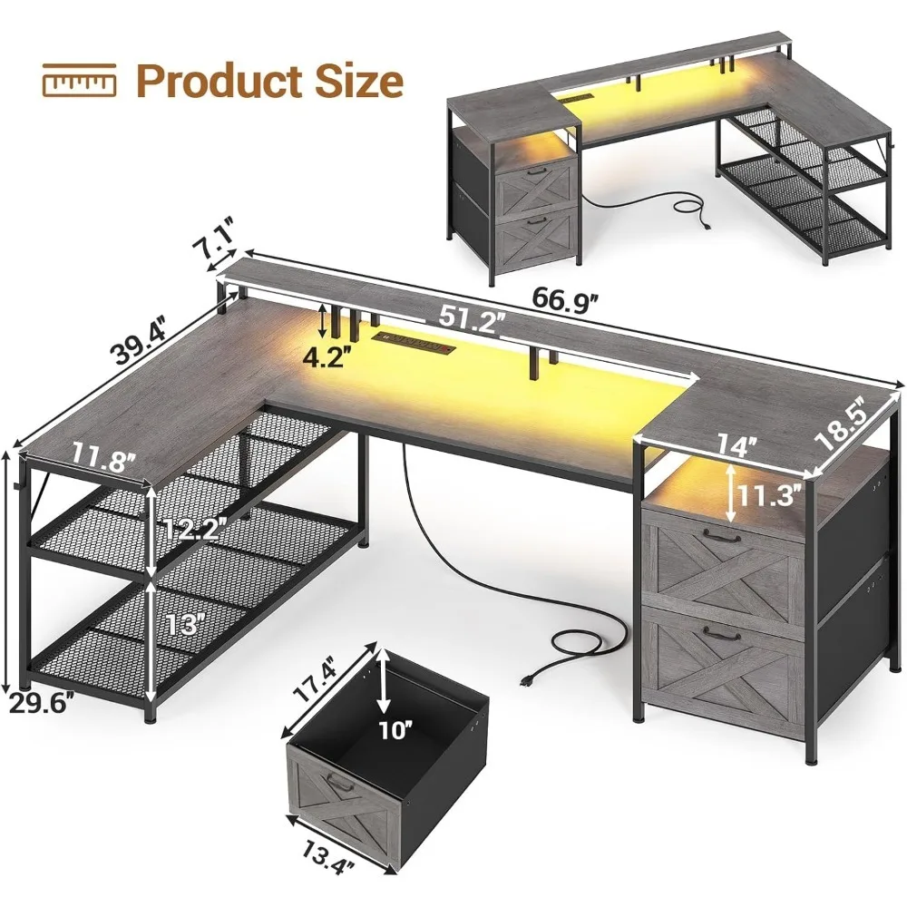 67" L Shaped Desk with Drawers,Computer Office Desk with Storage Shelves & Power Outlet, Reversible Gaming Desk with LED Lights 2