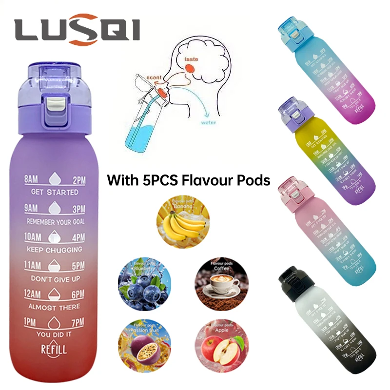 LUSQI 1PC 1000ML Flavor Water Bottle With Straw With 5PCS Flavor Pods Fashion Fitness Water Bottle for Outdoor Activities Sports