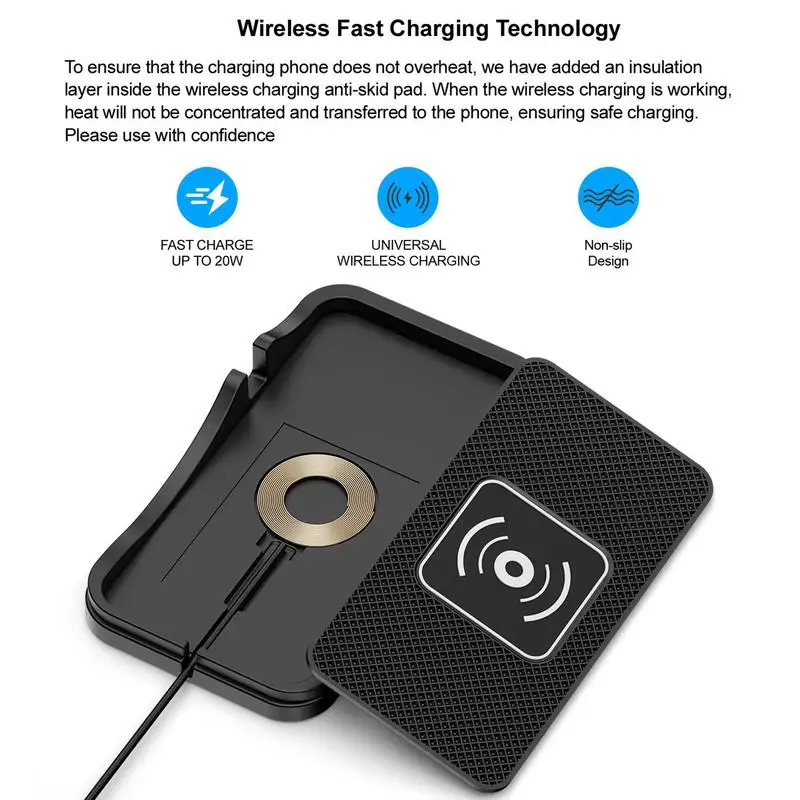 Cordless Cell Phone Charger Car Auto Phone Fast Charging Pad Cordless Charger Non-Slip Cell Pad for Car