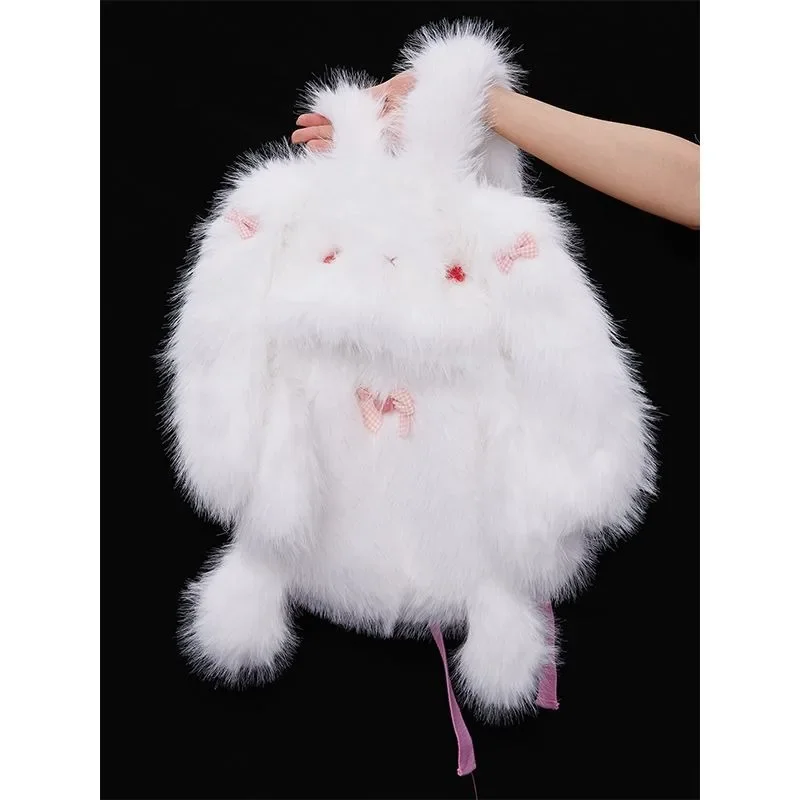 Rabbit Bag Japanese Style Cute Sweet Girl White Backpack Fun Fluffy   New Casual Simple Cute Backpack Daily Commute All-match