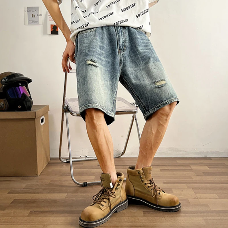 Fashion Men's Casual Shorts Distressed Denim Shorts Solid Colour Straight Versatile Denim Shopping Traveling Streetwear