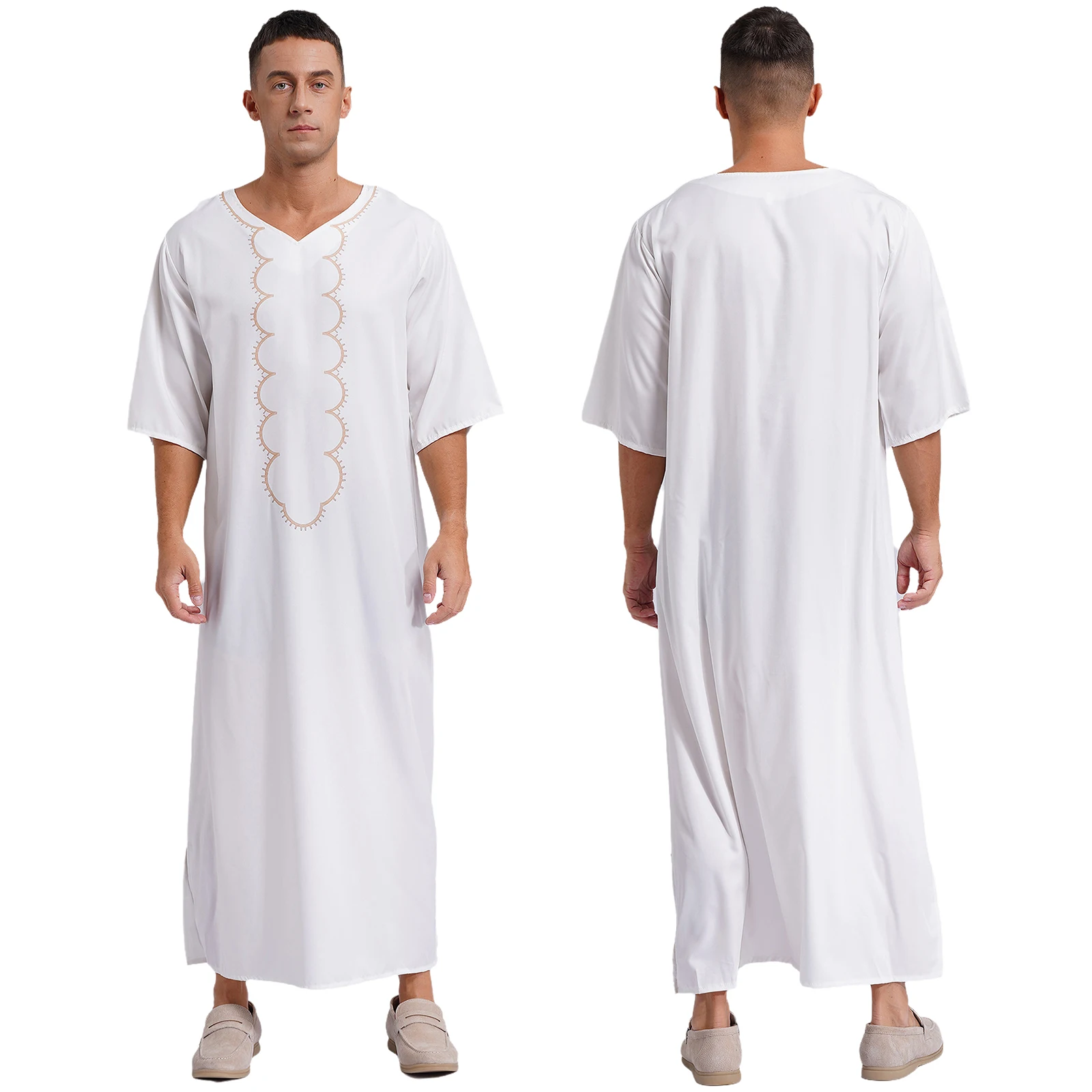 thumbnail image 1 of Bata con estampado musulmán islámico para hombre, trajes de Cosplay con cuello en V, manga corta, dobladillo con abertura, bata árabe caftán suelta para fiesta, vacaciones, ropa de descanso, 1 of 5