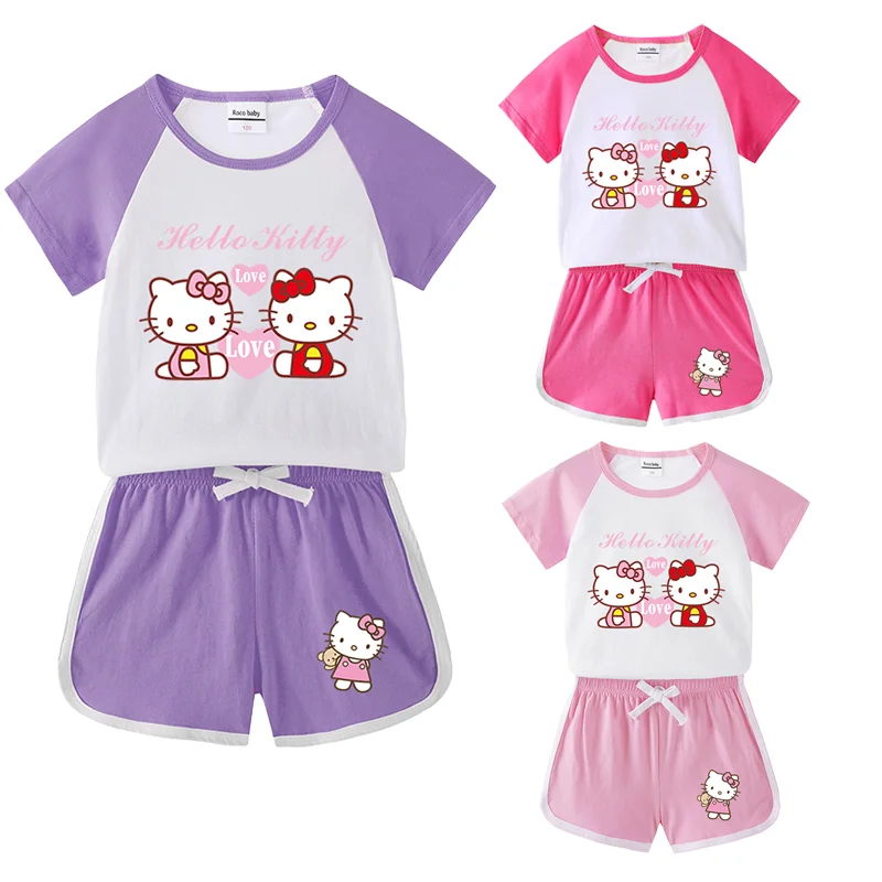 

Sanrio Hello Kitty Children Clothing Sets Boys and Girls Summer Cartoon Short Sleeved T Shirt Casual Sports Shorts Two Piece Set