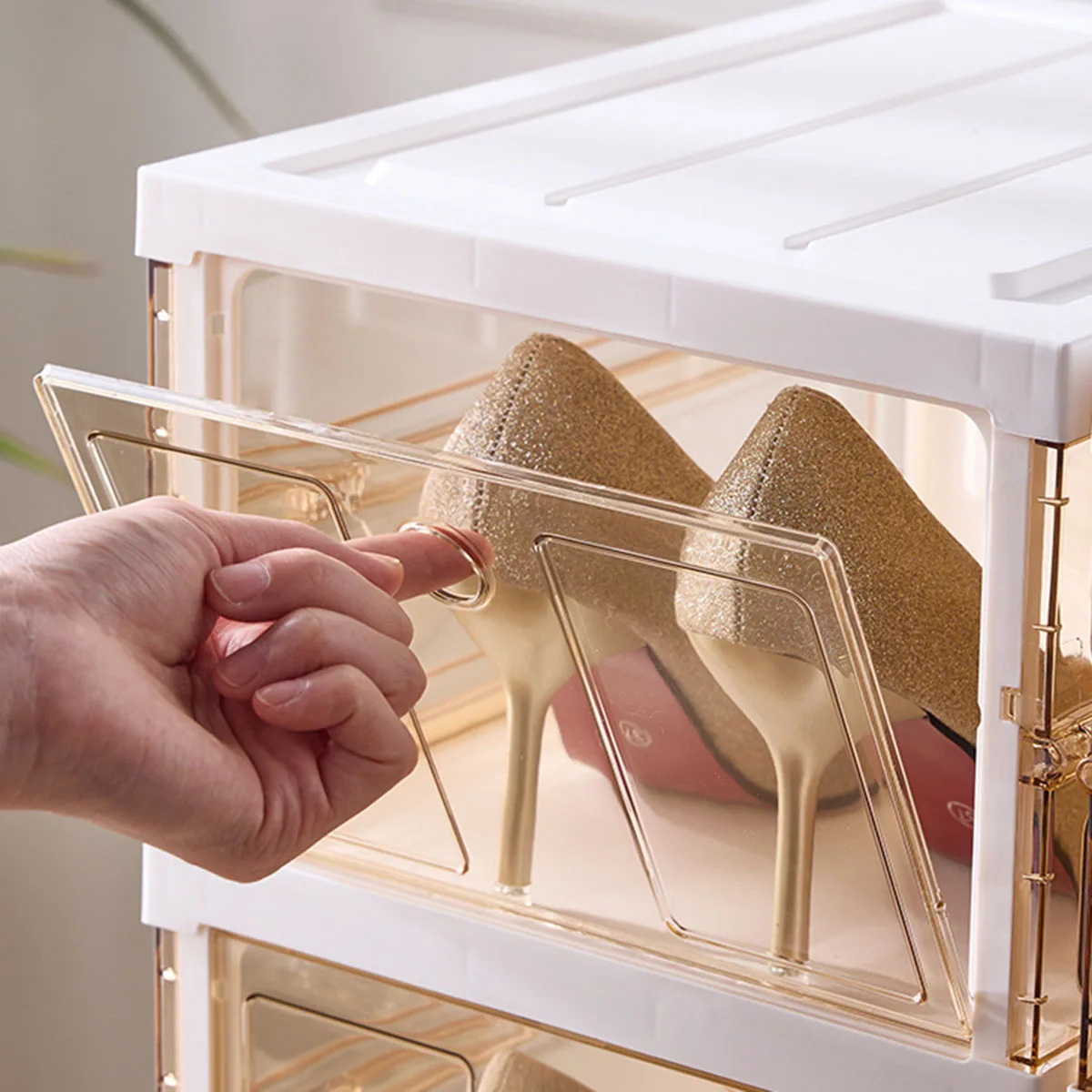 1PC Space-Saving Foldable Shoe Organizer-Transparent Plastic Storage Box for Shoes & Accessories, No Assembly Required