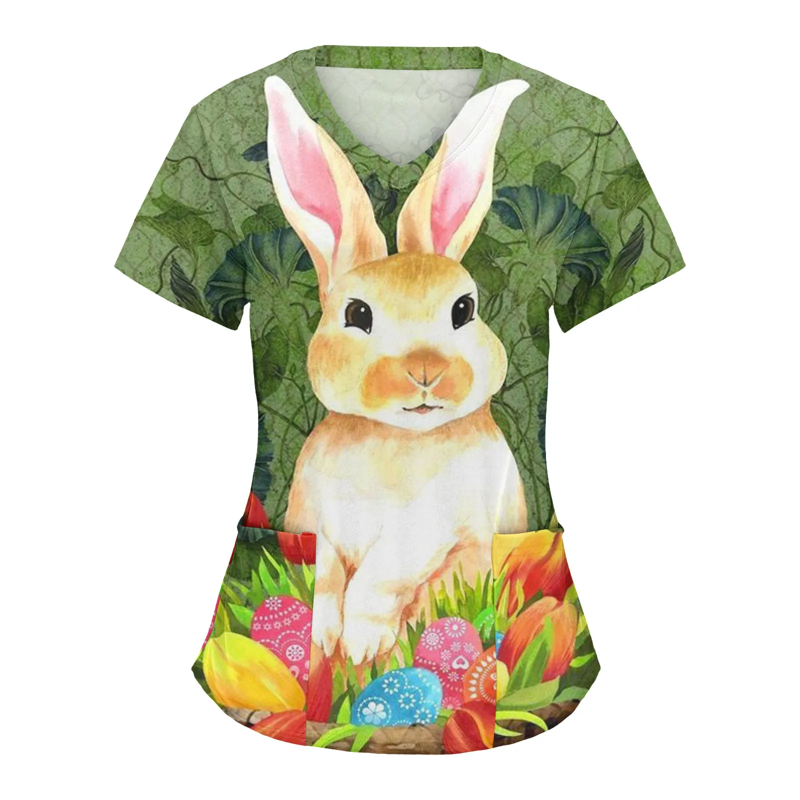 

Women Scrubs Top Nurse Uniform Easter Cute Cartoon Rabbit Print V Neck Blouse Spa Pet Care Workers Overall Tunic Nursing Uniform