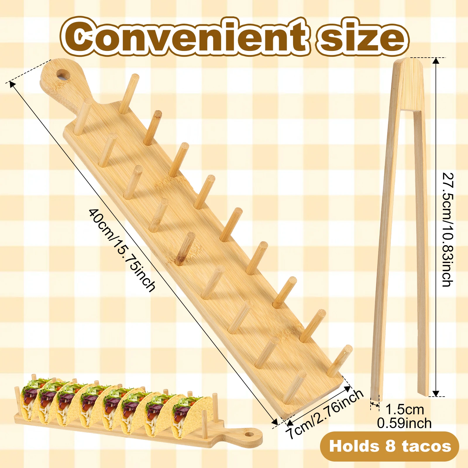 Bamboo Taco Tray with Tong Rectangular Taco Holder Holds Potato Chips Corn Roll Rack Tortilla Burritos Shelf for Home Kitchen