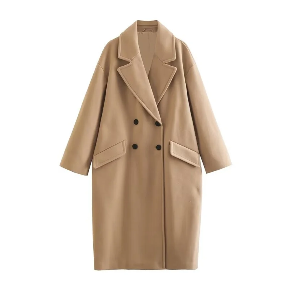 UNIZERA 2023 Winter New Product Women's Fashion and Casual Versatile Flip Collar Double breasted Button Long Woolen Coat Coat Co 3