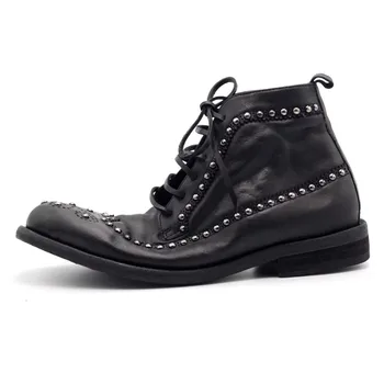 New Design Washed Genuine Leather Derby Boots Men's Shoes Black Lace Up Rivet Vintage Business Boots High Top Male Ankle Boots