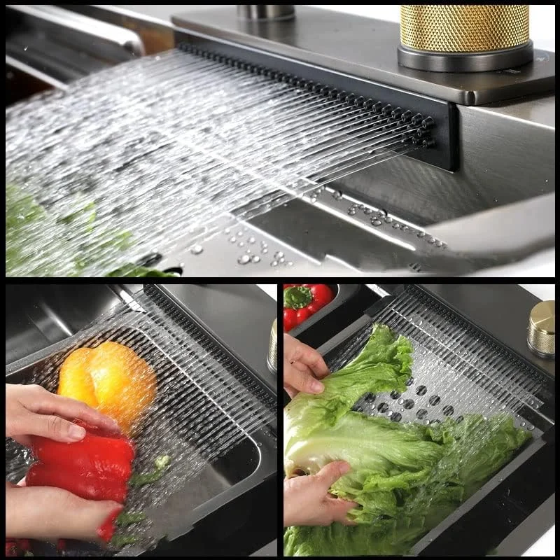 Kitchen Sink Feiyu Waterfall Sink 304 Stainless Steel Black with Cup Washer And Knife Holder Kitchen Household Washbasin