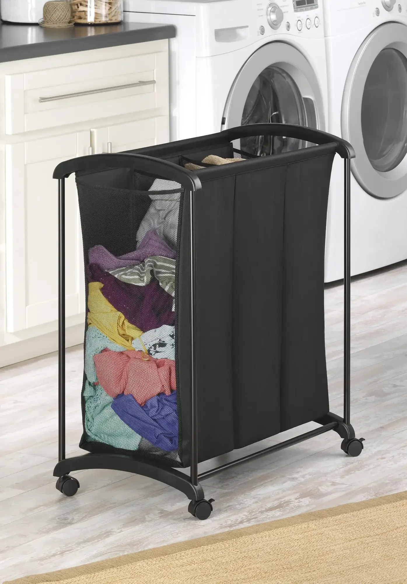 NEW 3 Section Laundry Sorter with Wheels, Black Fabric, For adult use