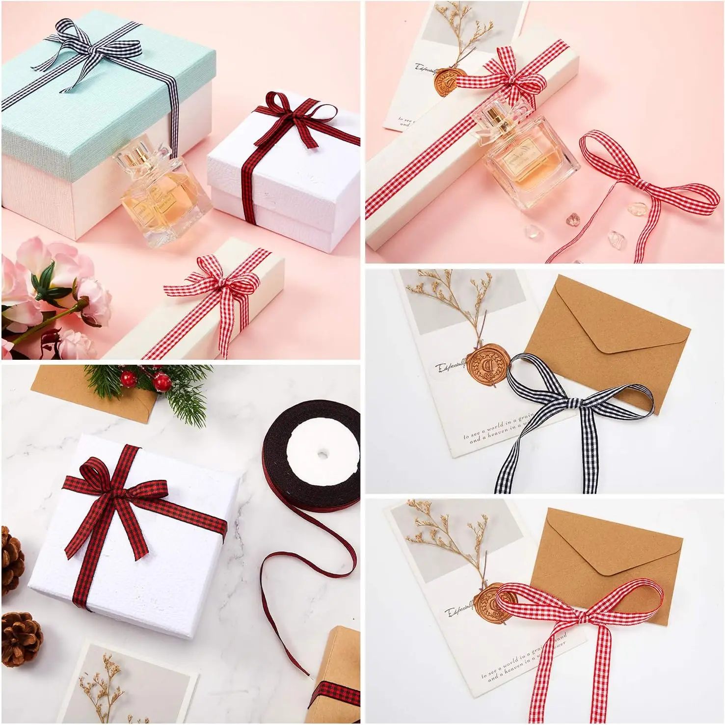 Gingham Ribbons 5 Yards for Wedding Christmas Party Decorations Gifts Wrapping DIY Bow Hair Craft Plaid Ribbons