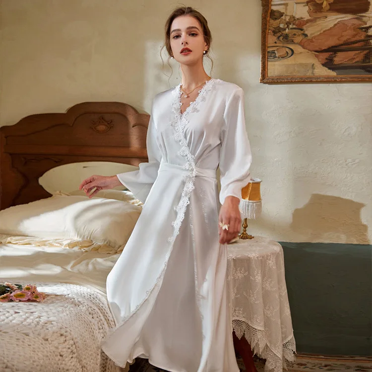 

Sexy Sleepdress Backless Nightdress V-Neck Nightgown Women Kimono Dressing Gown Lace Patchwork Sleepwear Long Loungewear