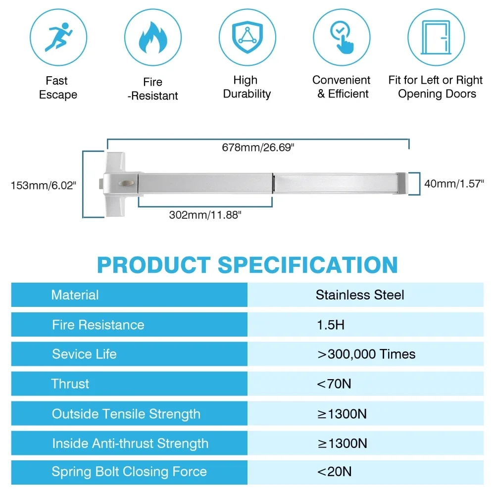 Panic Exit Device Door Push Bar Rod Emergency Fireproof Exit Bar Closer for Doors Width 70-104cm Easy Installation