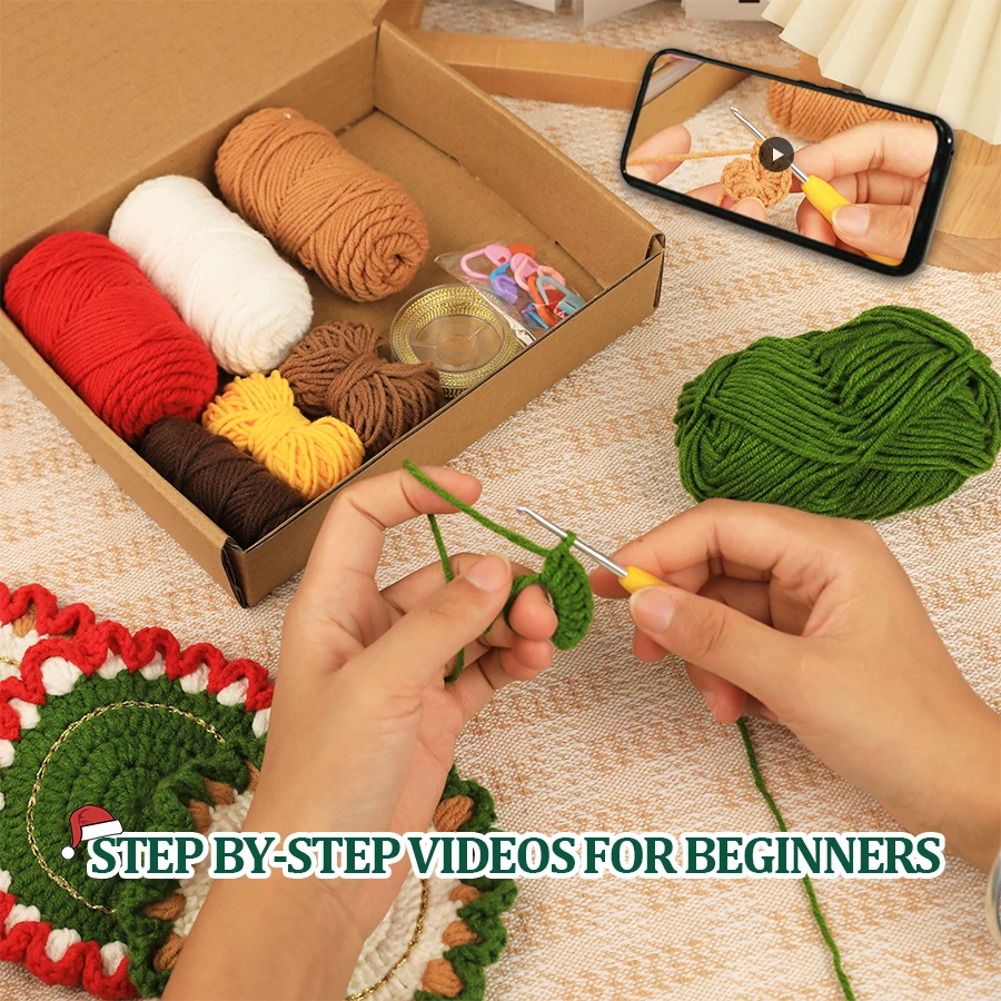 Sewing DIY Crochet Coaster Kit With Hand Knitting Yarn Needles Plush Doll Easy for Starter Includes Enough Yarn Hook Accessories