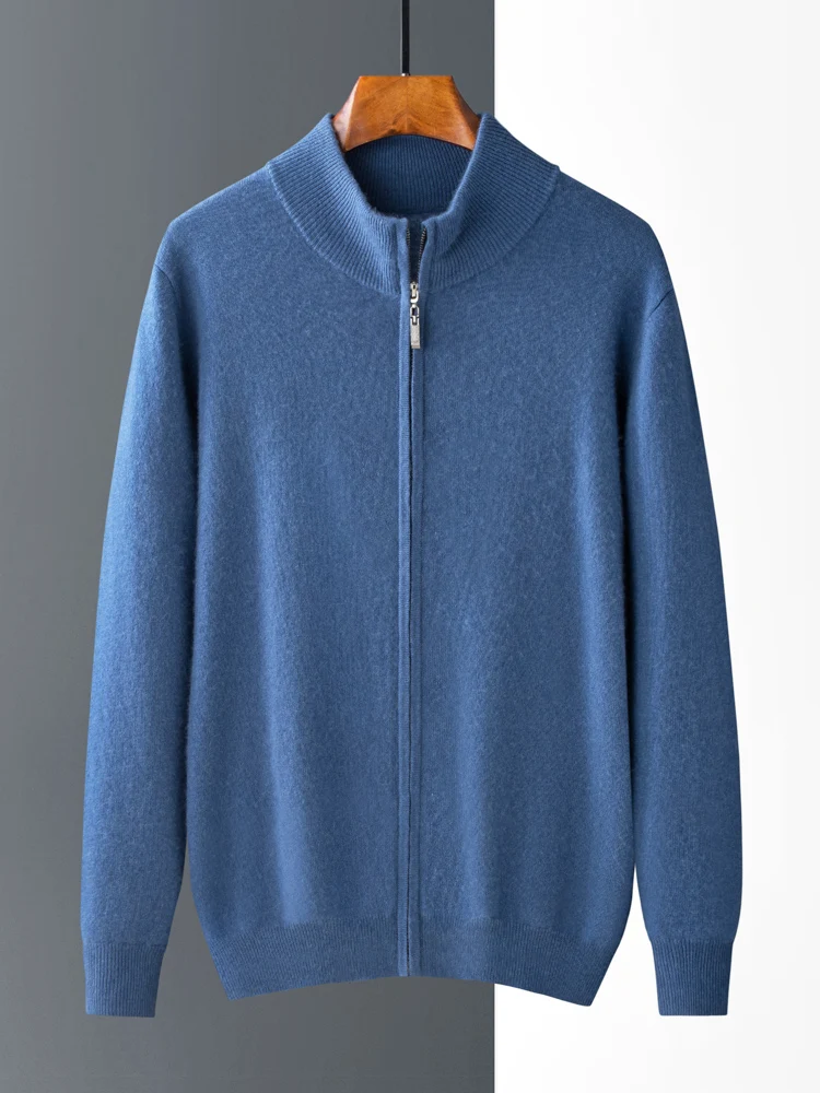 New Fashion 100% Cashmere Knitted Cardigan Pure Color Stand Collar Long Sleeve Zipper Coat Autumn and Winter Men's Sweater