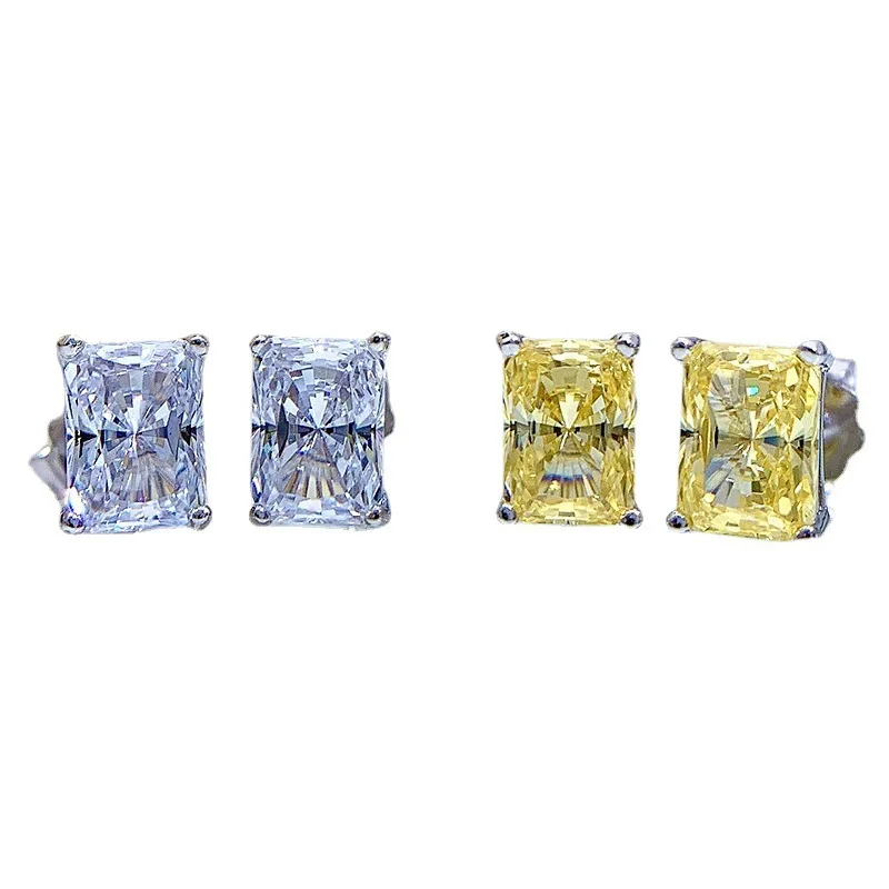 S925 Silver Fashion High Carbon White Diamond Main Diamond 1 Carat Diamond Rectangular Diamond Earrings Female