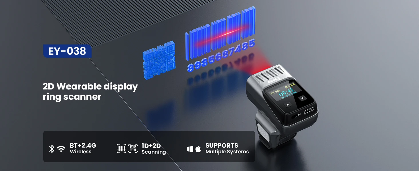 Eyoyo-Ring Barcode Scanner com Tela, Mini Wearable Sem Fio, Dedo QR Bar Code Scanner, Leitor Ring Scanners, 2D, Bluetooth