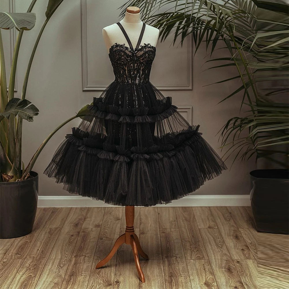 

Xijun Elegant Black Tiered Ruffles Tulle Evening Dresses Lace Appliques A-Line Pleat Ruched Prom Dress Short Wedding Party Gown