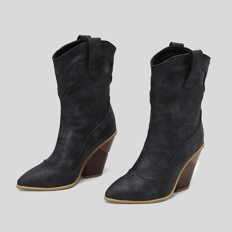 Kcenid Plus Size 48 New Ladies Pointed Toe Cowboy Boots Fashion Denim Chunky High Heels women's Boots Party Sexy Woman Shoes