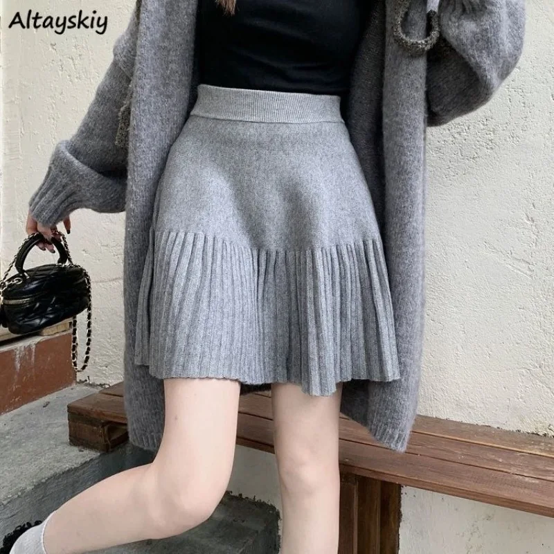 

Knitted Mini Skirts Women Solid High Waist Pleated A-line Preppy Style Simple All-match Autumn Winter Students Stylish Korean