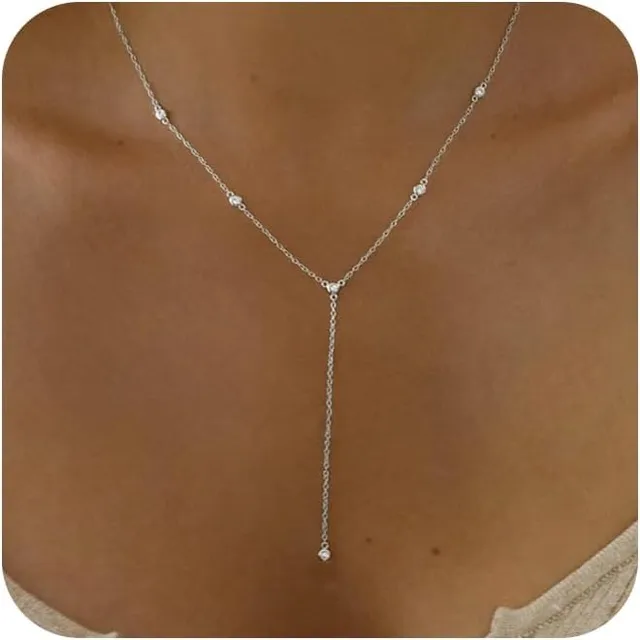 Boho Fashion Jewelry Women Dainty 14 K Gold Necklaces White Gold Plated CZ Lariat Necklace for Women Christmas Gift Fine Jewelry 2