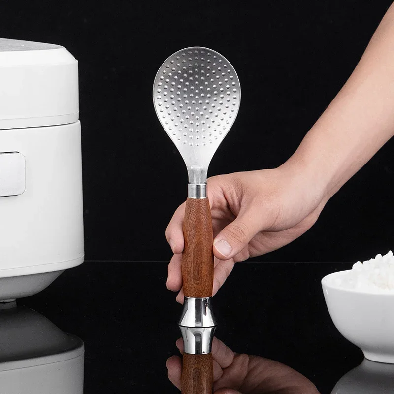Rice Spoon Stainless Steel Rice Scoop Self Standing Wood Handle Metal Paddle Spatula Cooking Serving Spoon Kitchen Utensils