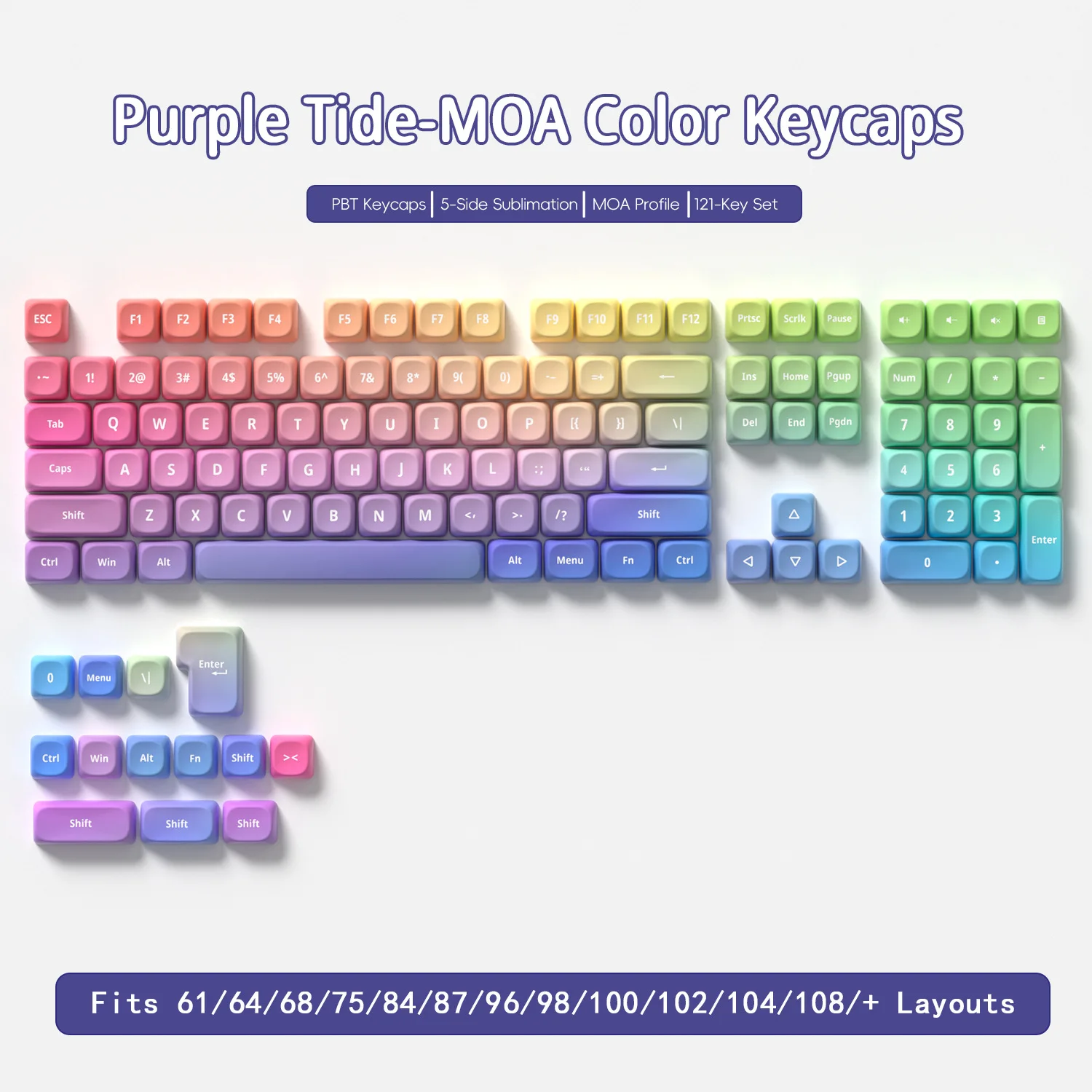 Purple Tide 121-Key PBT Keycap Set in MOA Profile, DYE-SUB