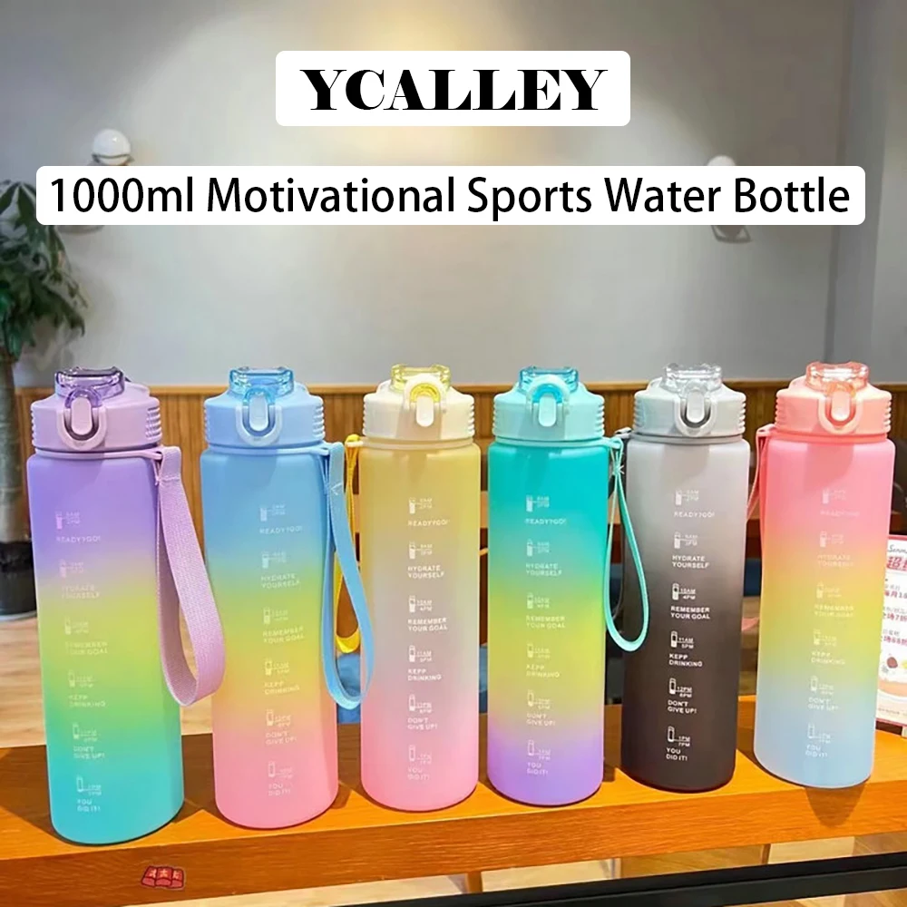 

YCALLEY 1000ml Motivational Sports Water Bottle With Straw Time Marker Frosted Pop-up Lid Portable Plastic Water Bottles 1 Liter