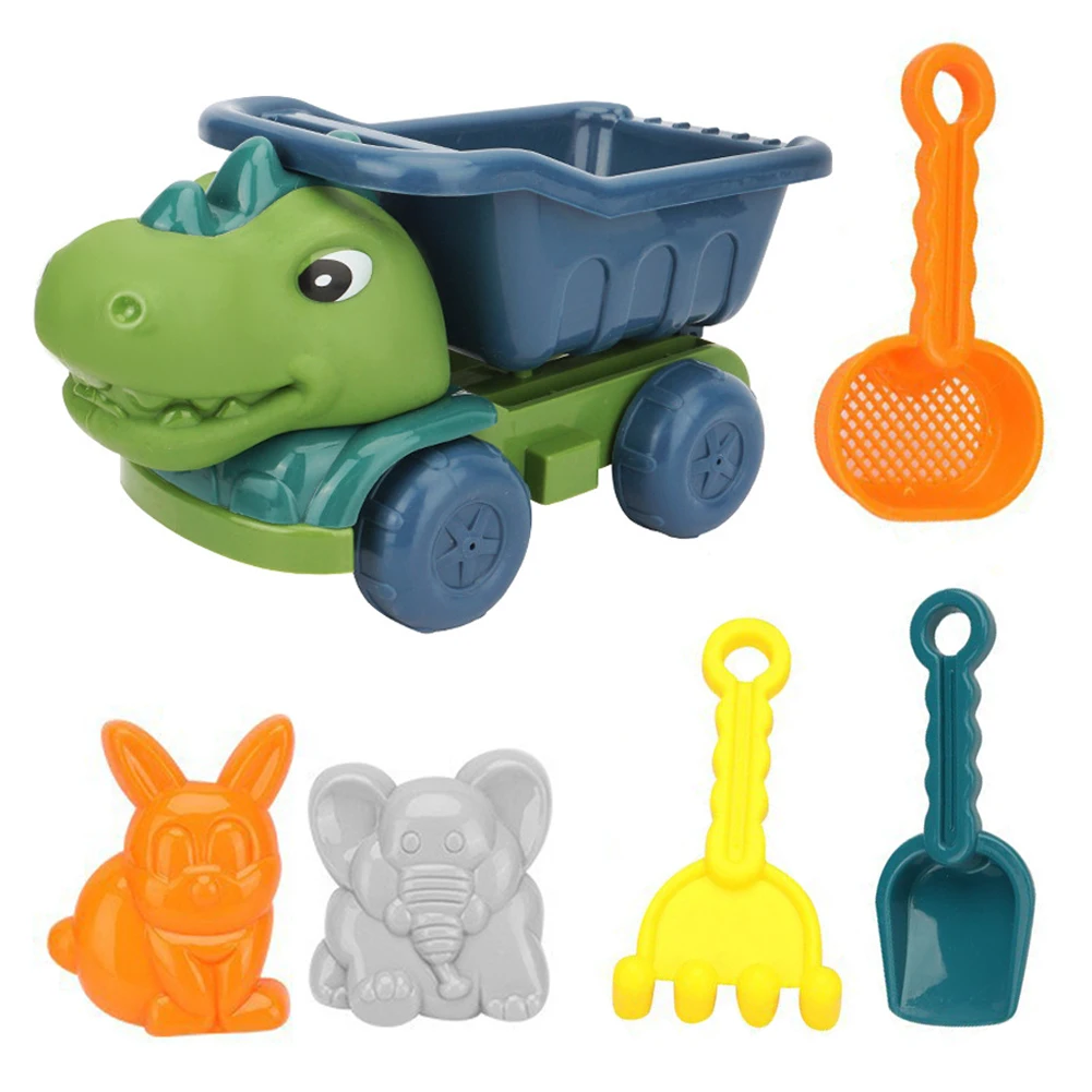 6Pcs Dinosaur Summer Beach Toys with Dump Truck Sand Molds Shovel Rake Sand Sifter Sand Toys Sandbox Toys for Kids Boys Girls 6