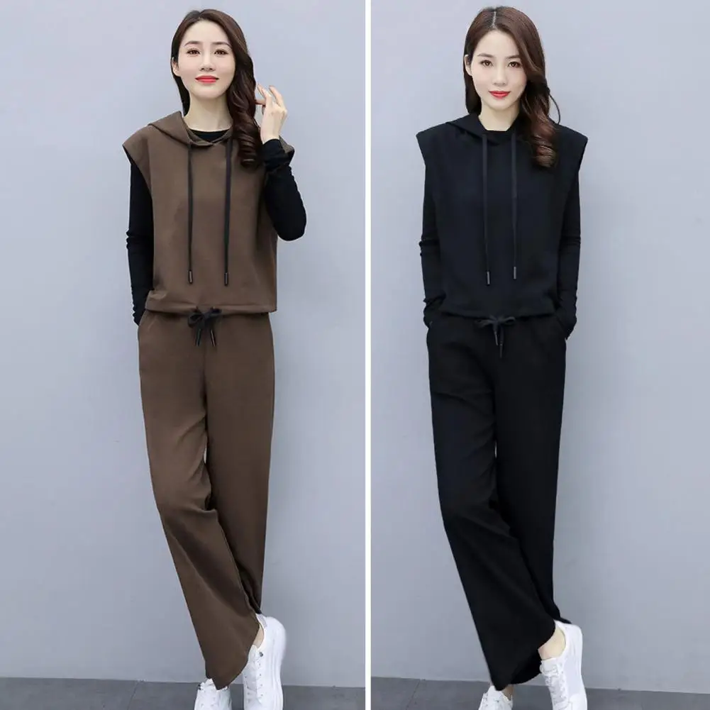 

Close-fitting Fabric Suit Stylish Women's Three-piece Set Black Hooded Vest Coat Elastic Waist Wide Leg Pants for Office for All