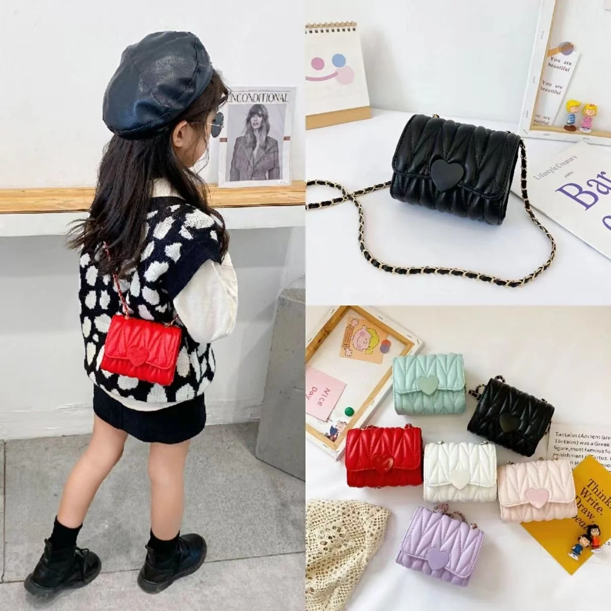 Korean Lovely Heart Shoulder Bags Baby Girls Kids Coin Purse New Handbags Children's Mini Square Messenger Bag Baby Accessories