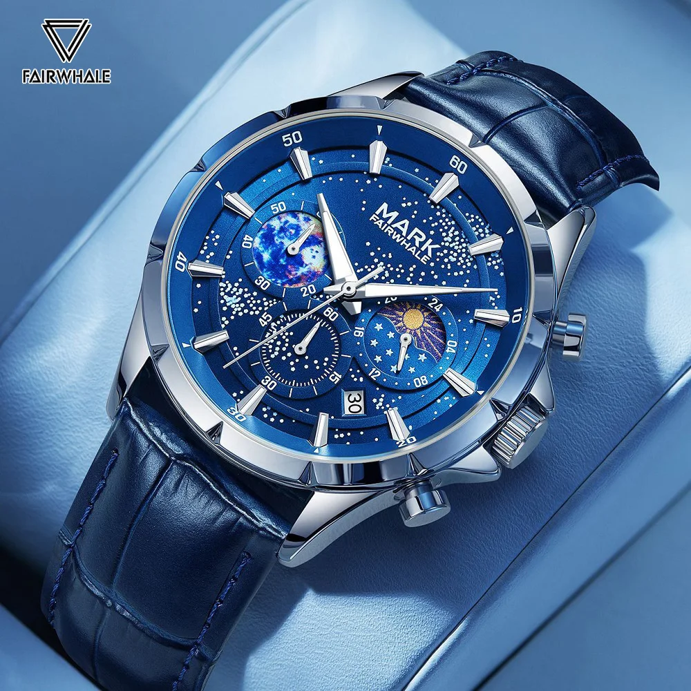 Mark Fairwhale Luxury Watch Men Automatic Date Leather Strap Blue Clocks Phase Moon Fashion Waterproof Quartz Wristwatches Reloj