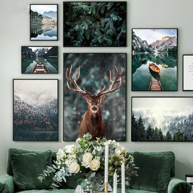 

Snowing Landscape Forest Deer Nordic Poster, Animal Poster, Lake Boat, Christmas Leaves, Snow Mountain Prints, Nature Picture De