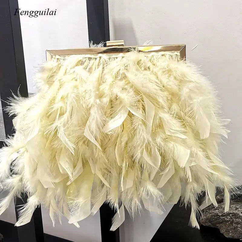 Autumn Winter Luxury Real Ostrich Feather Handbag Women Evening Bags Purse Pink White Dinner Party Clutches Ladies Messenger Bag