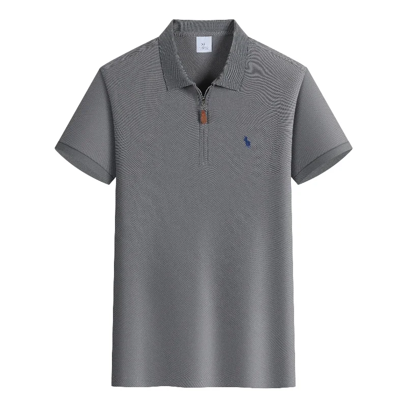 Polo ricamata di lusso a maniche corte da uomo, con mezza zip, top estivo comodo e traspirante, tinta unita, casual - immagine 3
