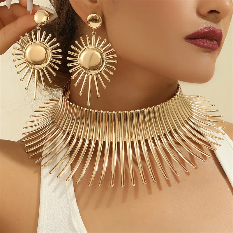 Jewelry Sets Jewelry Set Fashion Jewelry Set Gold Color Metal Big Exaggerated Torque Choker Earrings Set African Punk Gifts